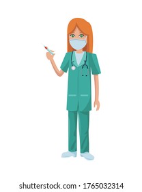 female doctor using medical mask with vaccine vector illustration design