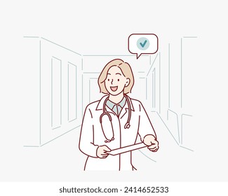 Female doctor using tablet computer in hospital lobby. Hand drawn style vector design illustrations.