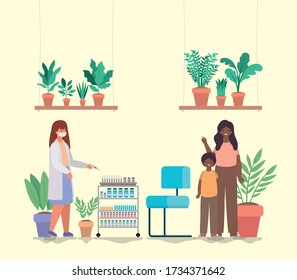 female doctor vaccinating boy and mother design of Medical care health and emergency theme Vector illustration