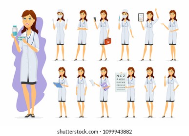 Female doctor - vector cartoon people character set isolated on white background. Young pretty worker of different medical professions in overall. Set of different poses for animation