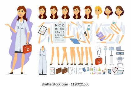 Female doctor - vector cartoon people character constructor on white background. Pretty worker of different specialties in overall. Set of body parts, medical equipment and tools, face expressions