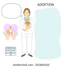 Female doctor, veterinarian holding toy poodle with icons of animal adoption