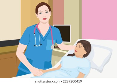 Female doctor visit to girl at hospital room vector flat illustration. girl lying on bed with dropper during treatment at clinic. Medical personnel consulting patient