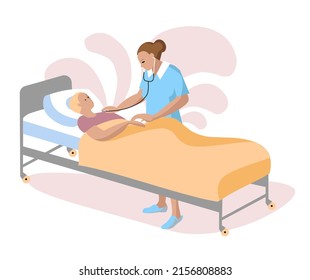 Female doctor visit girl patient at hospital room vector flat illustration. Doctor examining the patient s lungs. Medical personnel consulting patient