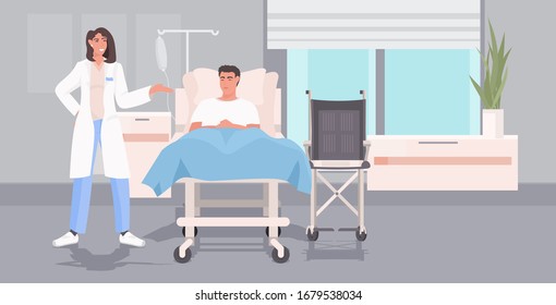 Female Doctor Visiting Ill Man Patient Lying On Bed In Hospital Ward Medicine Health Care Treatment Concept Full Length Horizontal Vector Illustration