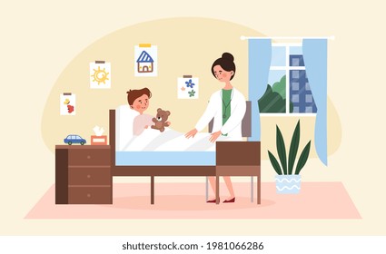 Female doctor is visiting little sick boy in his bedroom. Kid lying in bed while having examination with pediatrician. Concept of doctor visiting patient at home. Flat cartoon vector illustration.