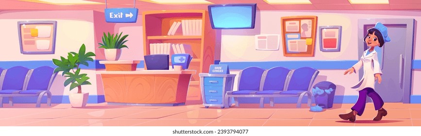 Female doctor walking hospital lobby. Vector cartoon illustration of nurse character smiling, clinic reception desk with computer, chairs and tv in waiting room, folders with medical records on shelf