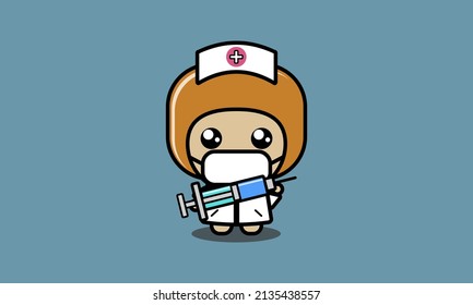 "Female Doctor Wear Mask Face With Injection" Cute Kawai Doodle Cartoon Mascot Illustration Vector. "  Female Doctor Wear Mask Face With Injection " Vector Suitable for Medical, Health Care, Hospital