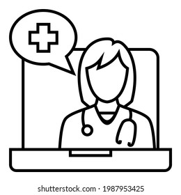 Female Doctor wear stethoscope talking in video conference about medical icon design. Laptop symbol vector illustration.