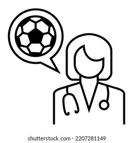 Female Doctor wear stethoscope talking consultation about sport activity icon design. Soccer ball inside bubble chat symbol vector illustration.