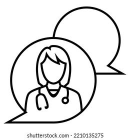 Female Doctor wear stethoscope talking consultation  icon design. Bubble chat symbol vector illustration.