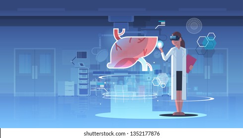 doctora femenina con gafas digitales que se ven realidad virtual anatomía de órganos humanos sanidad de órganos médicos frente a concepto de auriculares sala de operaciones interior longitud completa horizontal