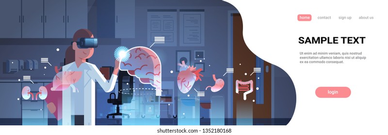 female doctor wearing digital glasses touching virtual reality brain human organs infographic anatomy medical vr headset vision concept hospital interior portrait horizontal copy space
