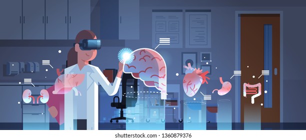 female doctor wearing digital glasses touching virtual reality brain human organs infographic anatomy medical vr headset vision concept hospital office interior portrait horizontal