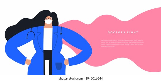 Female Doctor Wearing Face Mask, Medical Uniform And Red Superhero Cape. Healthcare Worker Fighting Diseases Concept. Confident Medic Character Drawn In Flat Style. Modern Vector Banner Design