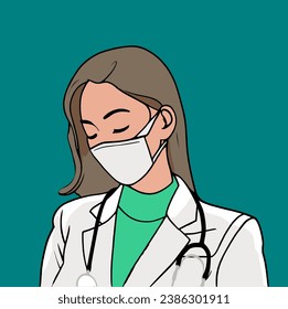 a Female doctor wearing a face mask with stethoscope. Medicine and healthcare isolated on green background