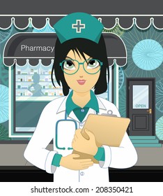 Female doctor wearing glasses in front of the pharmacy.