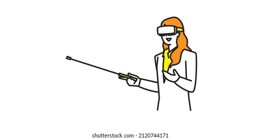 A female doctor wearing goggles and explaining in a virtual reality space.