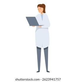 Female doctor wearing lab coat holding laptop using computer standing full length