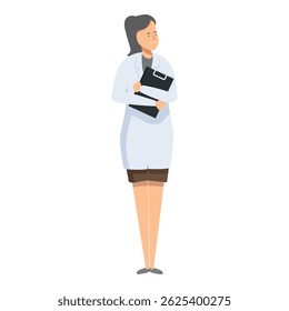 Female doctor wearing lab coat holding clipboard smiling looking away observing