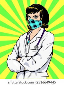 Médica usando máscara cruzada de braços em pé. Mulher competente com uniforme médico. Vetor no Comic Book Pop Art ilustração retrô