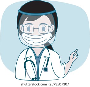 A female doctor wearing a mask  with long hair shows an idea with a finger or warns. Concept - doctor, healthcare. Vector illustration in flat cartoon style.