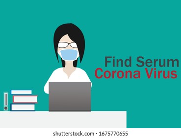 a female doctor wearing a mask, is on a laptop, and there is writing, find serum corona virus