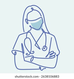Female Doctor Wearing Mask one line drawing. Female Doctor Wearing Mask single line illustration. Female Doctor Wearing Mask minimalist line art