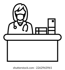Female doctor wearing a mask and stethoscope, sitting behind the desk with books and documents logo symbol vector design illustration icon.