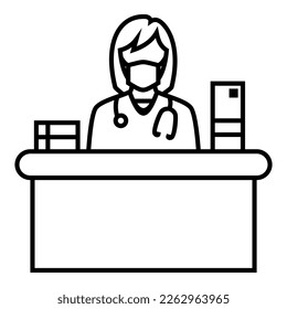 Female doctor wearing a mask and stethoscope, sitting behind the desk with books and documents logo symbol vector design illustration icon.