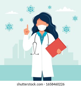 Female doctor wearing a medical mask. Coronavirus COVID-19 prevention concept. Vector illustration in flat style