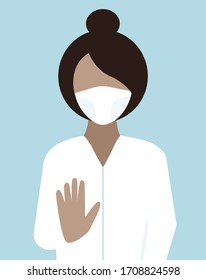 Female doctor wearing a medical mask. stop gesture. Dark skin, african. Coronavirus quarantine, respiratory virus concept, Illustration in flat style