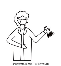 female doctor wearing medical mask with tube test flask laboratory line style icon vector illustration design