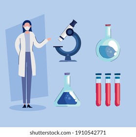 Female Doctor Wearing Medical Mask With Set Icons Vector Illustration Design