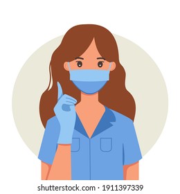 Female doctor wearing a medical mask. Coronavirus COVID-19 prevention concept. Illustration in flat style. Stop Coronavirus COVID-19 