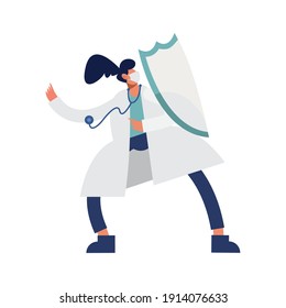 female doctor wearing medical mask with shield and stethoscope character vector illustration design