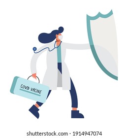 female doctor wearing medical mask with shield and covid19 vaccine bag vector illustration design