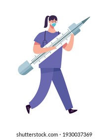 female doctor wearing medical mask and vaccine syringe vector illustration design