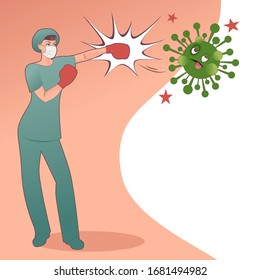 Female doctor wearing protective mask and wearing boxing gloves, giving a left hook to a Covid-19 virus