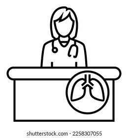 Female doctor wearing a stethoscope, sitting behind the desk with lungs logo symbol vector design illustration icon.