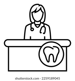 Female doctor wearing a stethoscope, sitting behind the desk with tooth logo symbol vector design illustration icon.