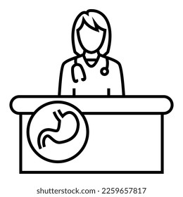 Female doctor wearing a stethoscope, sitting behind the desk with stomach logo symbol vector design illustration icon.