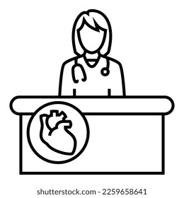 Female doctor wearing a stethoscope, sitting behind the desk with heart logo symbol vector design illustration icon.