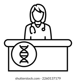 Female doctor wearing a stethoscope, sitting behind the desk with DNA logo symbol vector design illustration icon.