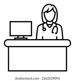 Female doctor wearing a stethoscope, sitting behind the desk with lcd monitor logo symbol vector design illustration icon.