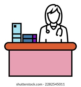 Female doctor wearing a stethoscope, sitting behind the desk with books, folders and documents logo symbol vector design illustration icon.