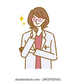 A female doctor wearing a white coat and glasses confidently poses with her arms folded
