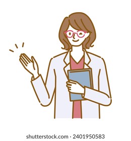 A female doctor wearing a white coat and glasses winks and holds up her hand.