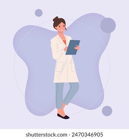Female doctor wearing white coat, holding notepad. Pharmacist flat vector illustration. Occupation, pharmacy, medicine concept for banner, website design or landing page