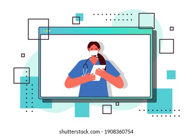 female doctor in web browser window wearing mask to prevent coronavirus pandemic online medical consultation concept portrait horizontal vector illustration